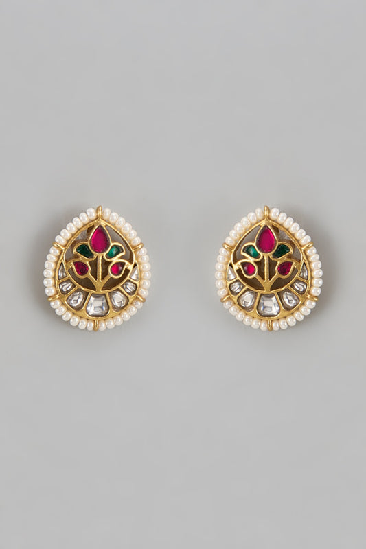 Gold Finish Multi-Colored Jadau Stone & Kundan Polki Floral Stud Earrings In Sterling Silver