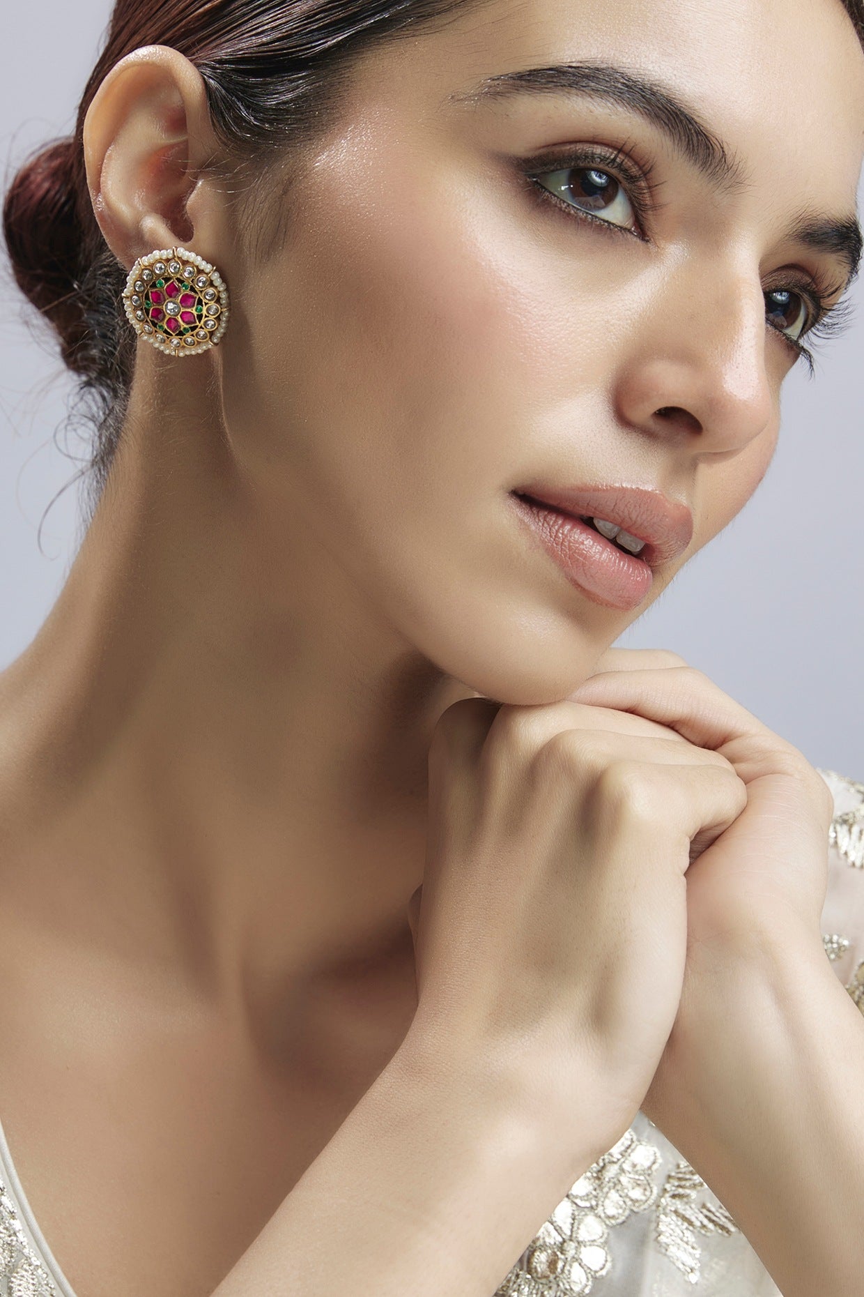 Gold Finish Multi-Colored Jadau Stone & Kundan Polk Florali Stud Earrings In Sterling Silver