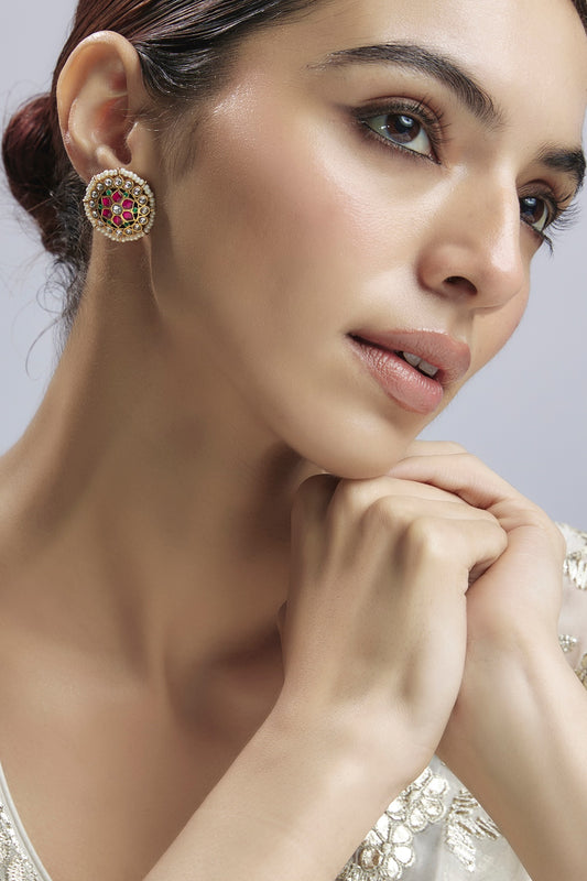 Gold Finish Multi-Colored Jadau Stone & Kundan Polk Florali Stud Earrings In Sterling Silver