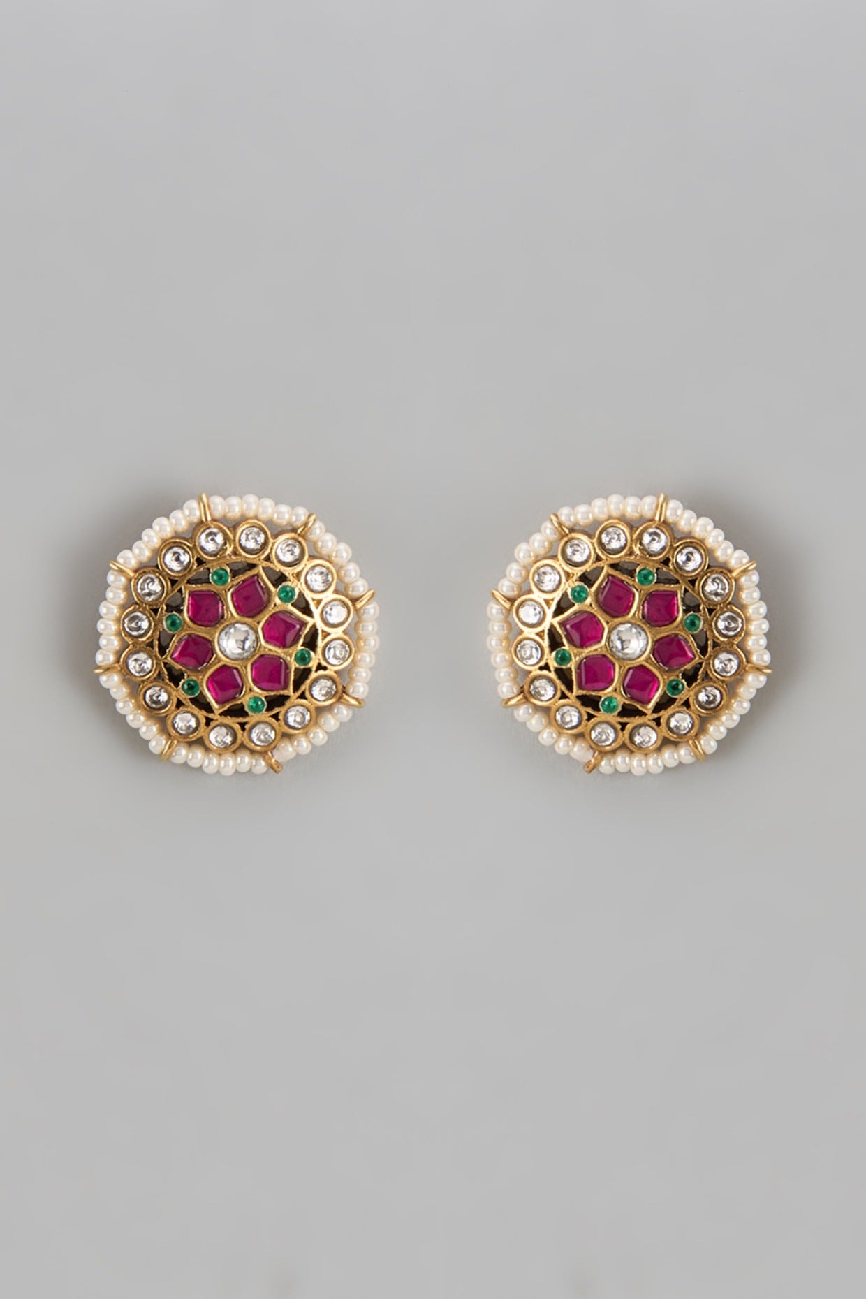 Gold Finish Multi-Colored Jadau Stone & Kundan Polk Florali Stud Earrings In Sterling Silver