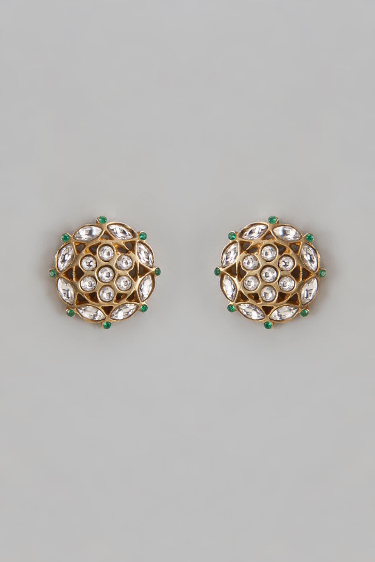 Antique Gold Finish Kundan Polki & Green Stone Stud Earrings In Sterling Silver