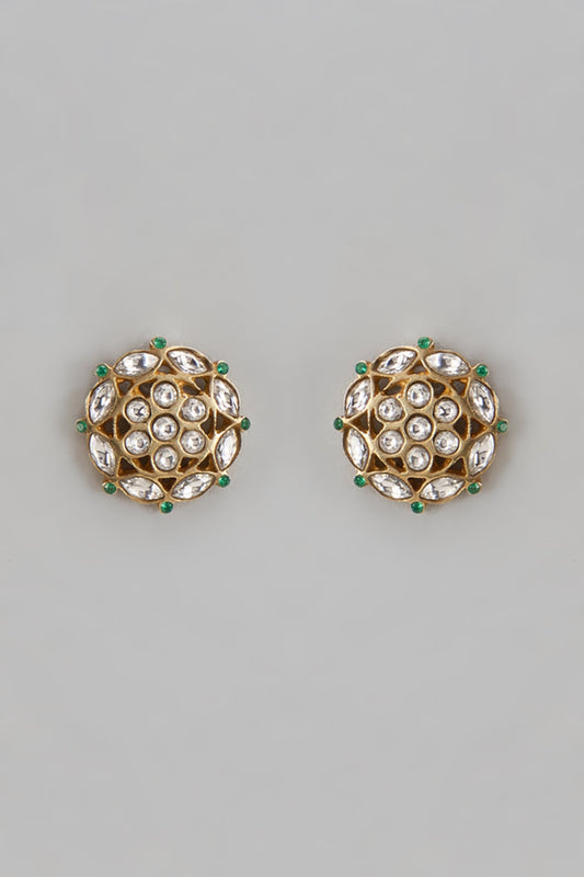 Antique Gold Finish Kundan Polki & Green Stone Stud Earrings In Sterling Silver