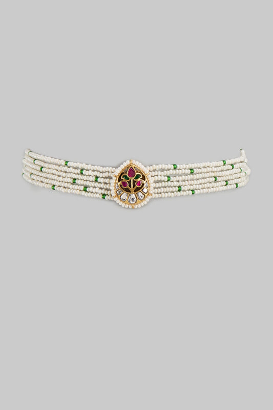 Gold Finish Kundan Polki & Seed Pearl Choker Necklace In Sterling Silver