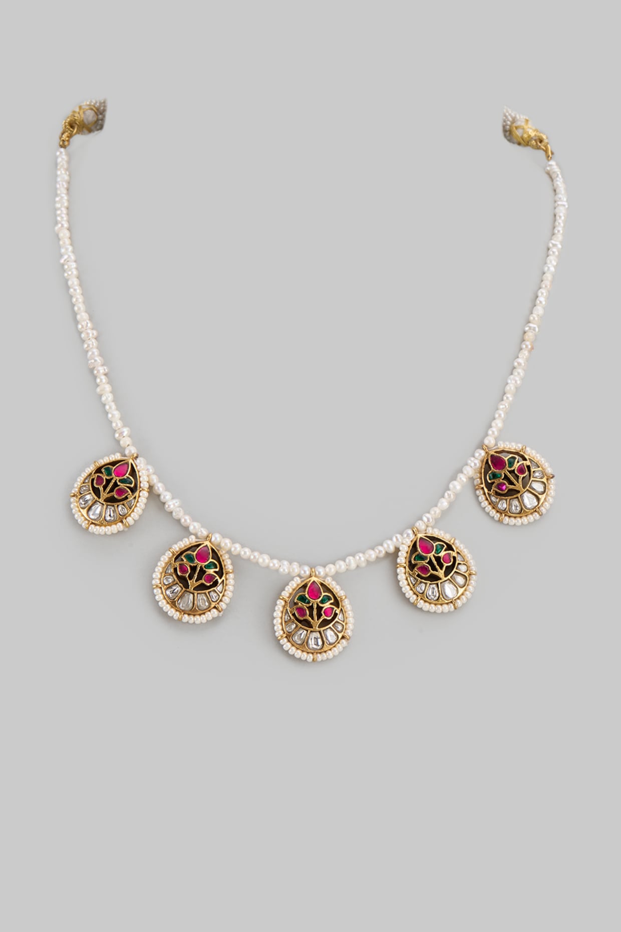 Gold Finish Kundan Polki & Freshwater Pearl Necklace In Sterling Silver