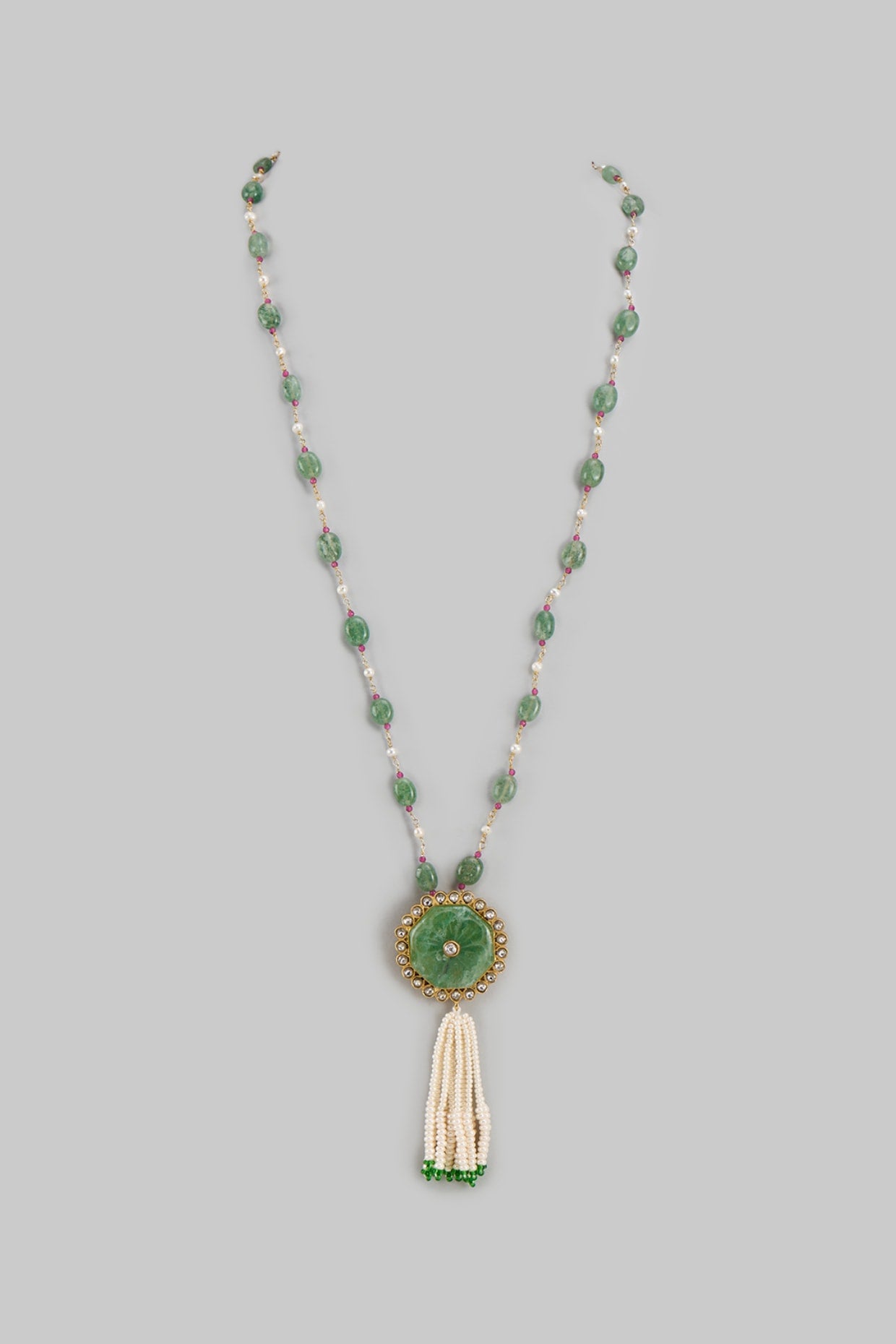 Gold Finish Green Quartz & Jadau Stone Long Beaded Necklace In Sterling Silver