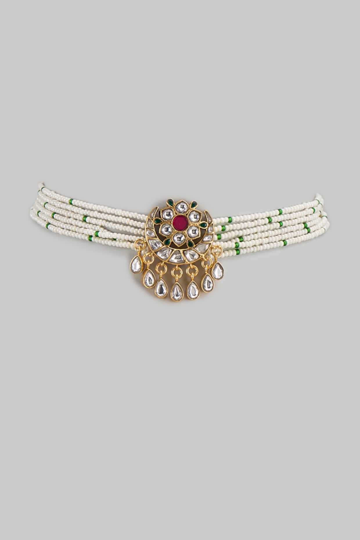 Gold Finish Kundan Polki & Seed Pearl Choker Necklace In Sterling Silver