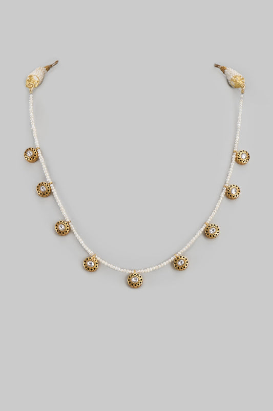 Gold Finish Kundan Polki & Freshwater Pearl Necklace In Sterling Silver