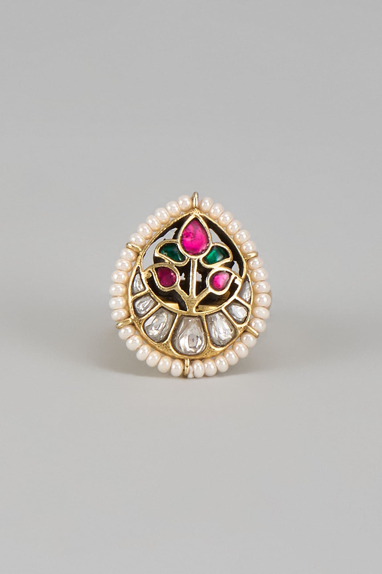 Gold Plated Kundan Polki & Seed Pearl Ring In Sterling Silver