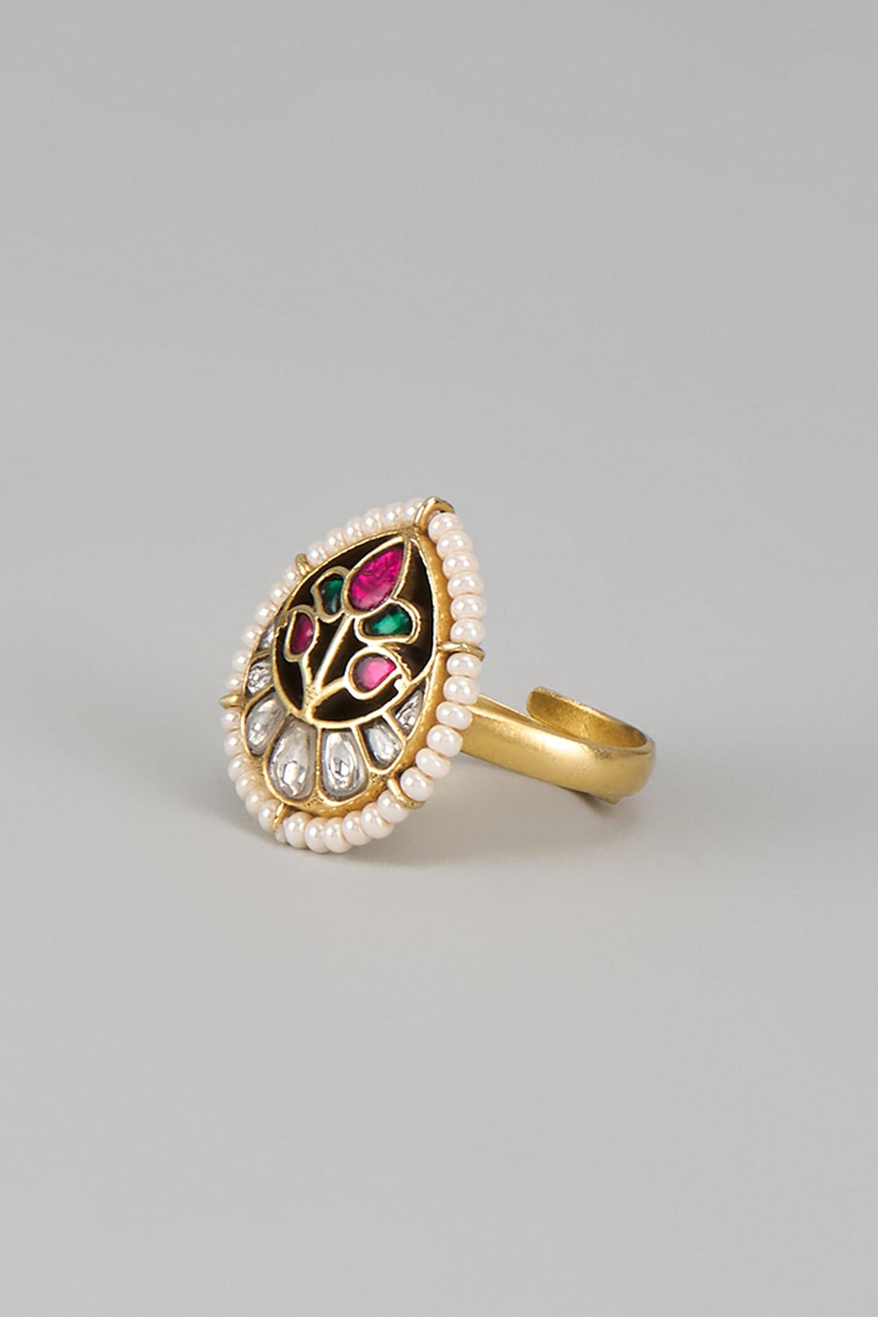 Gold Plated Kundan Polki & Seed Pearl Ring In Sterling Silver