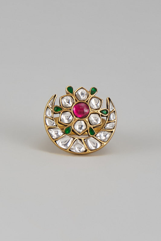 Gold Plated Kundan Polki & Jadau Ring In Sterling Silver