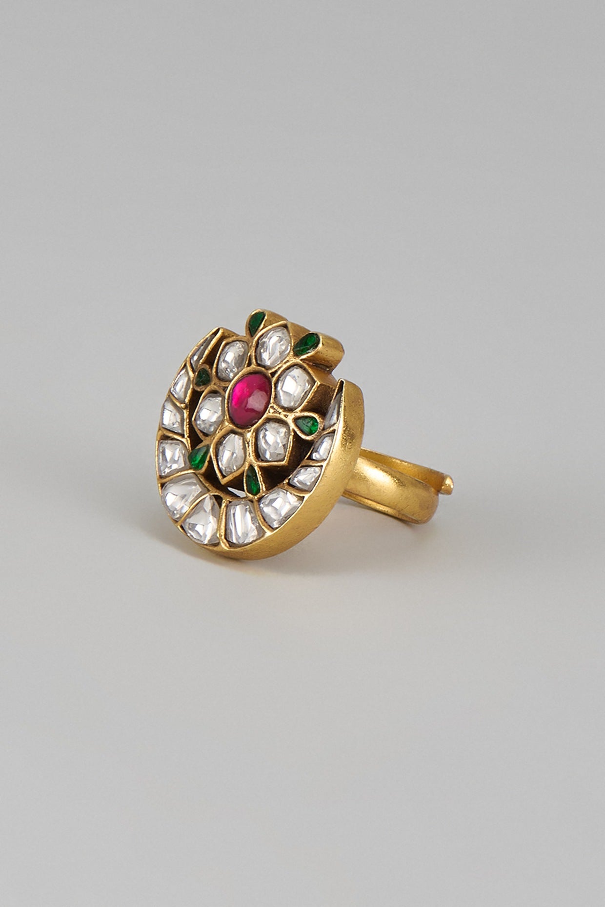 Gold Plated Kundan Polki & Jadau Ring In Sterling Silver