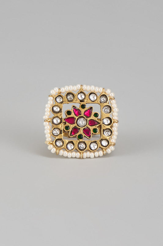 Gold Plated Kundan Polki & Seed Pearl Ring In Sterling Silver