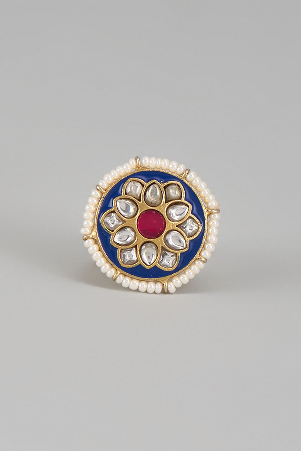 Gold Plated Kundan Polki & Jadau Meenakari Ring In Sterling Silver