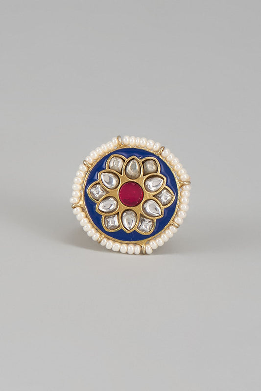 Gold Plated Kundan Polki & Jadau Meenakari Ring In Sterling Silver