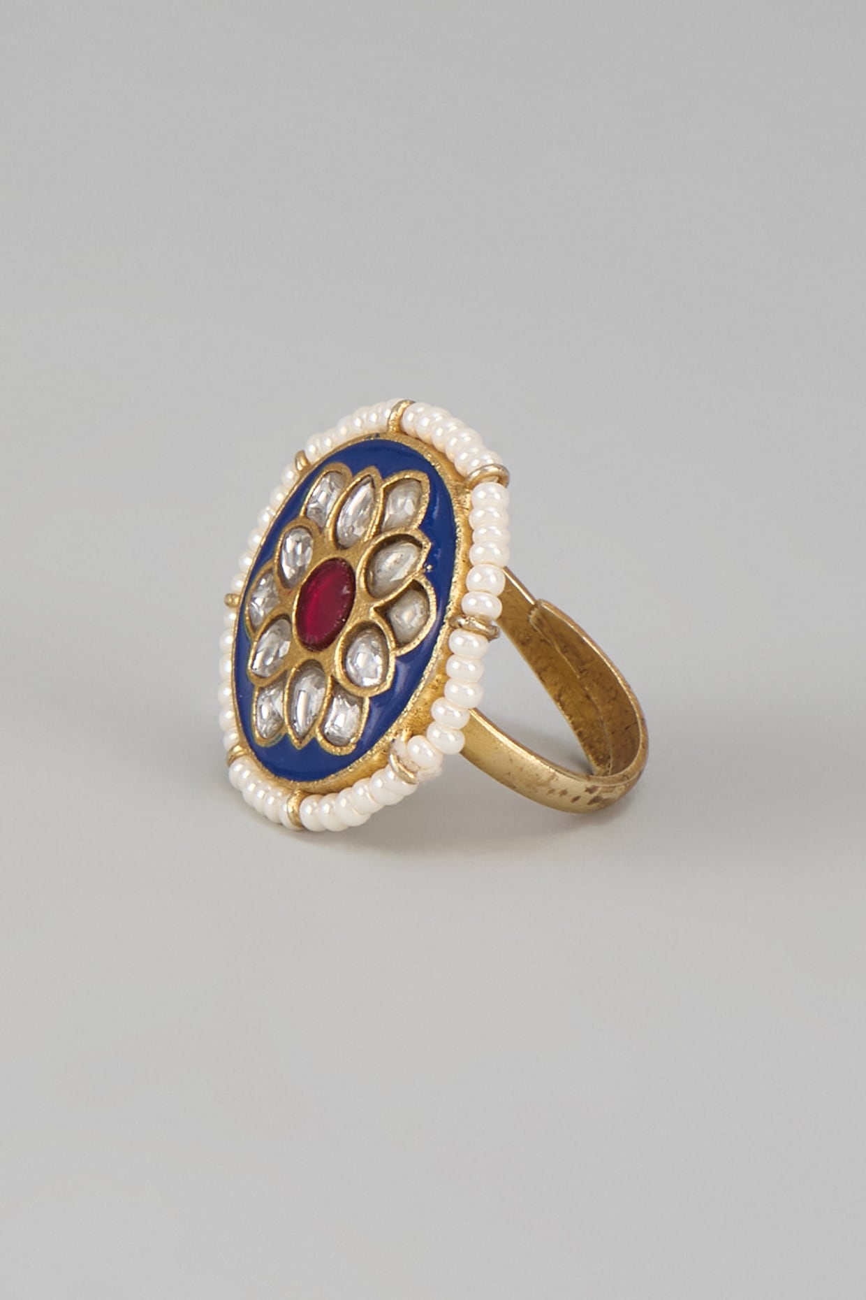 Gold Plated Kundan Polki & Jadau Meenakari Ring In Sterling Silver