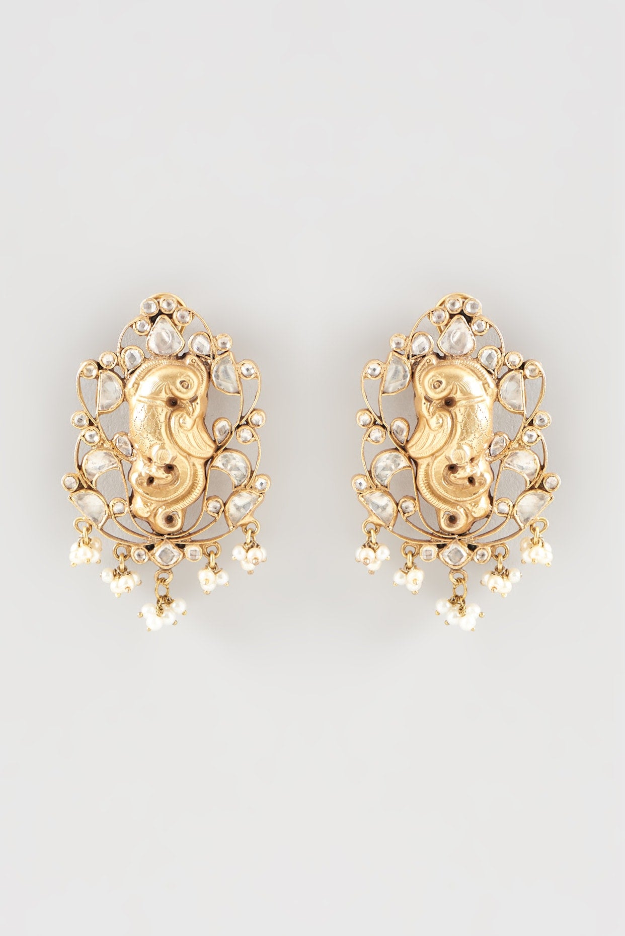 Gold Plated Kundan Polki Handcrafted Stud Earrings In Sterling Silver