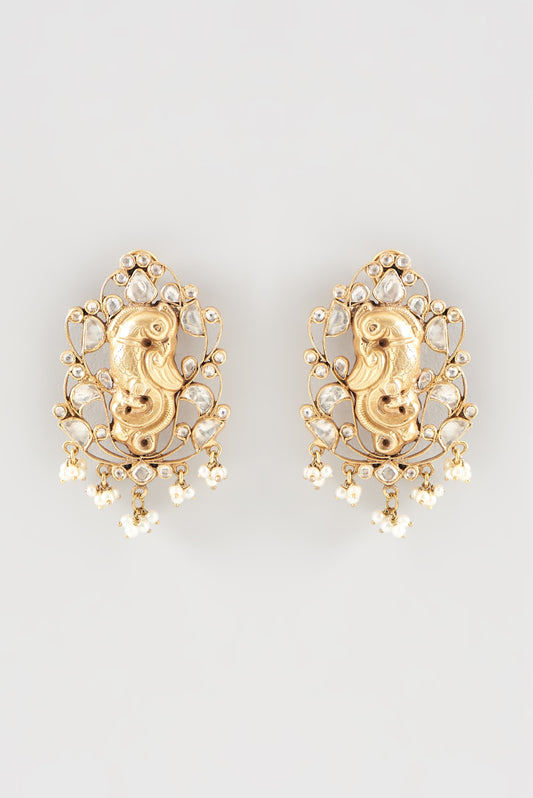 Gold Plated Kundan Polki Handcrafted Stud Earrings In Sterling Silver