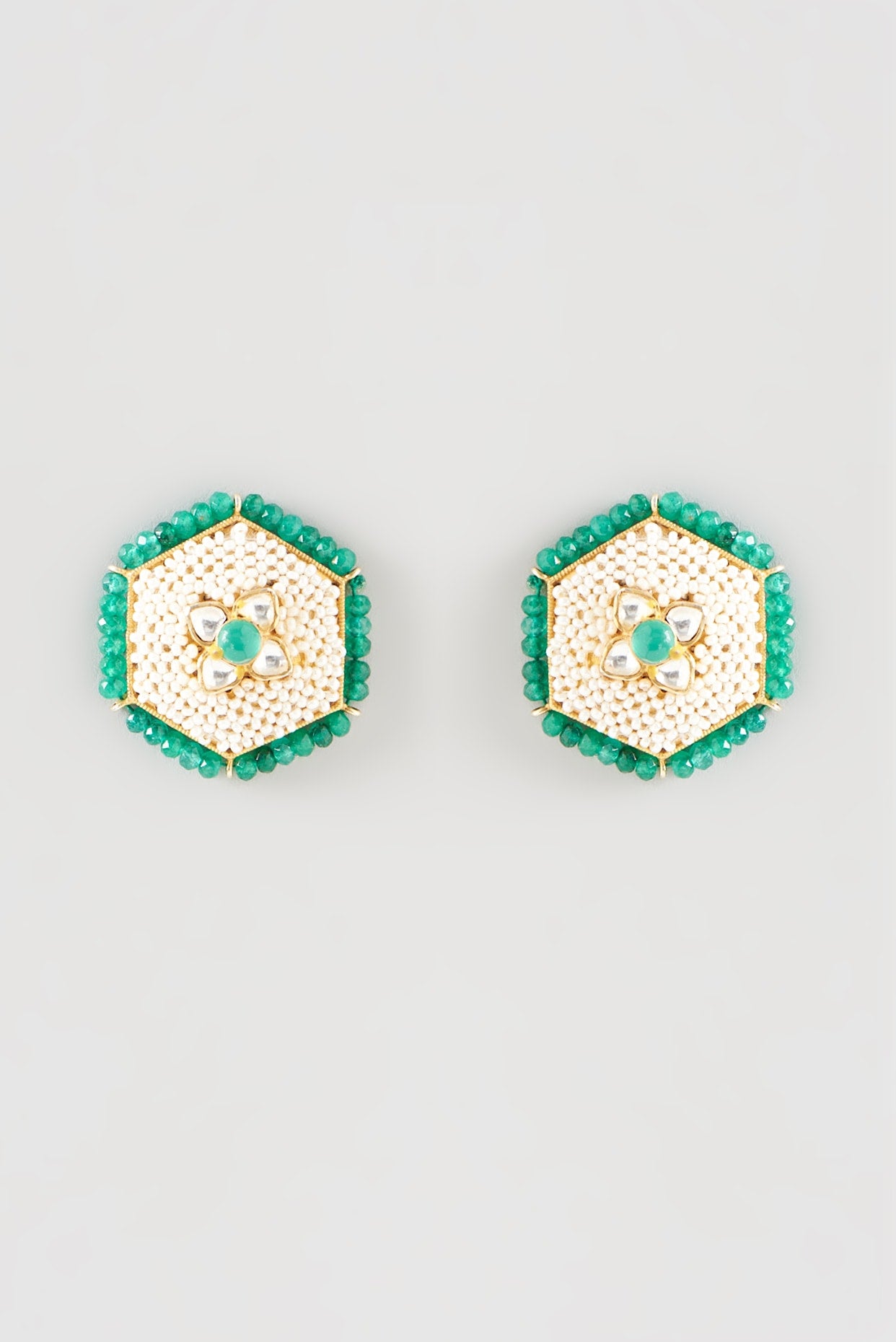 Gold Plated Kundan Polki Handcrafted Stud Earrings In Sterling Silver