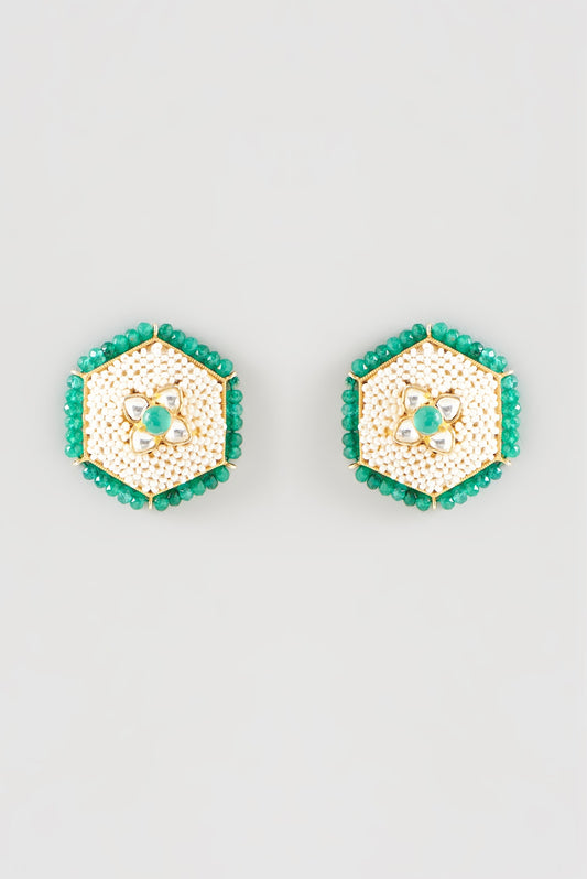 Gold Plated Kundan Polki Handcrafted Stud Earrings In Sterling Silver