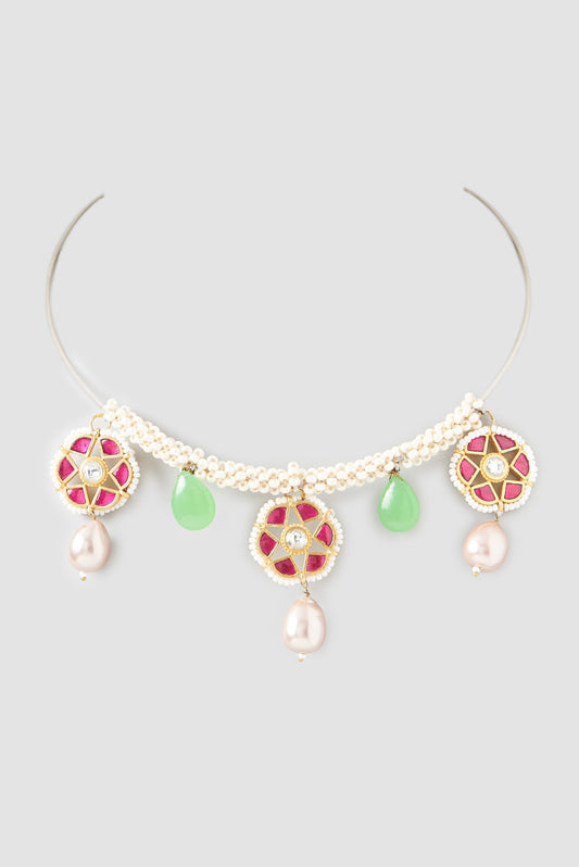 Gold Plated Kundan Polki Handcrafted Necklace In Sterling Silver