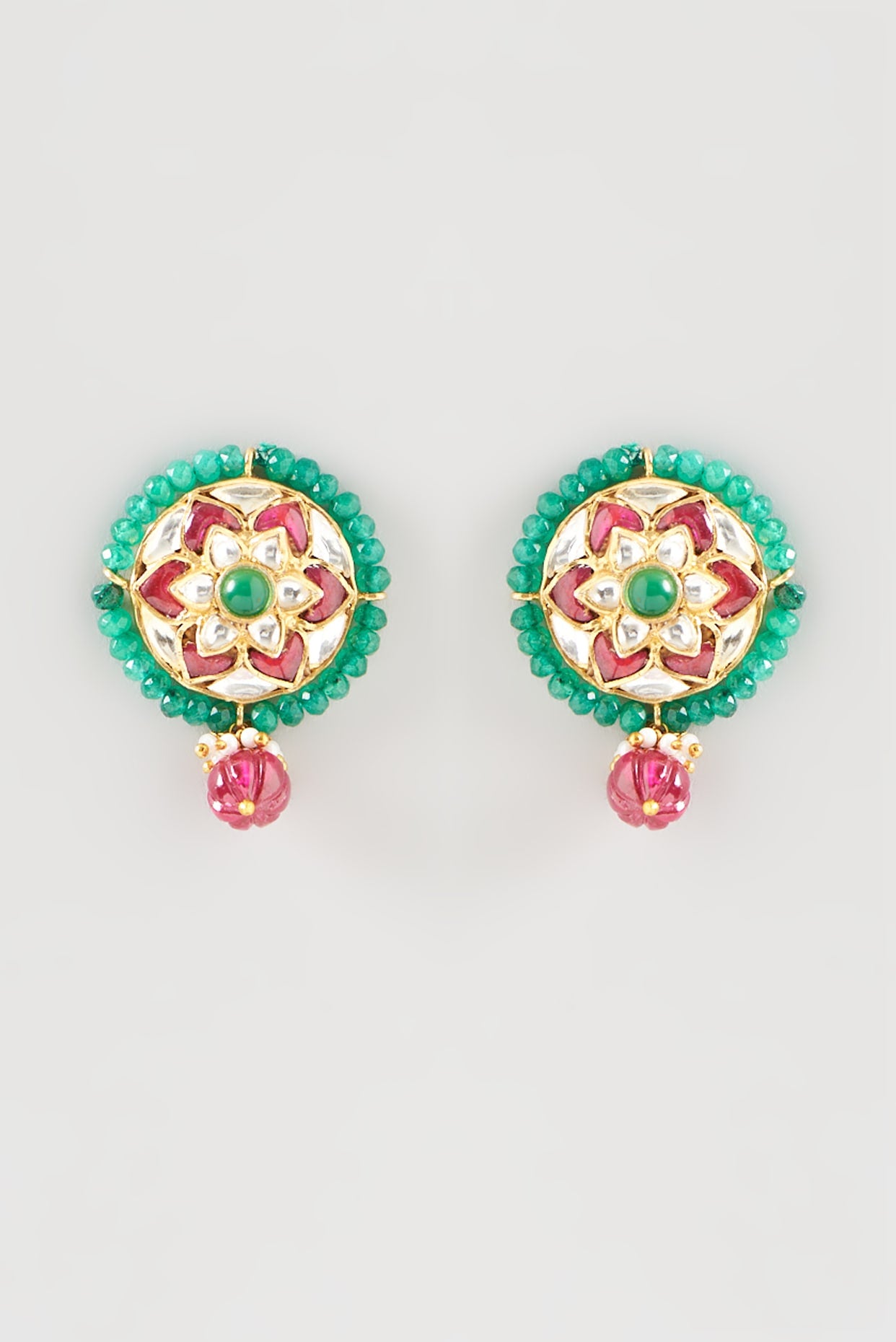 Gold Plated Kundan Polki Handcrafted Stud Earrings In Sterling Silver