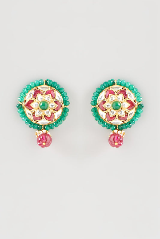 Gold Plated Kundan Polki Handcrafted Stud Earrings In Sterling Silver