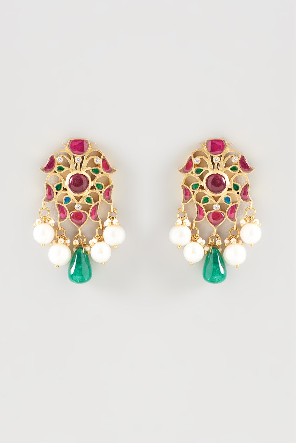 Gold Plated Kundan Polki Handcrafted Dangler Earrings In Sterling Silver