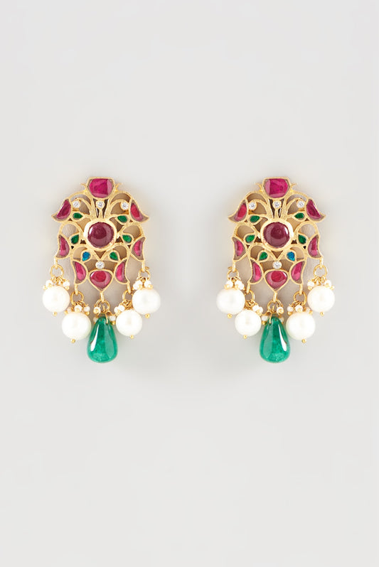 Gold Plated Kundan Polki Handcrafted Dangler Earrings In Sterling Silver