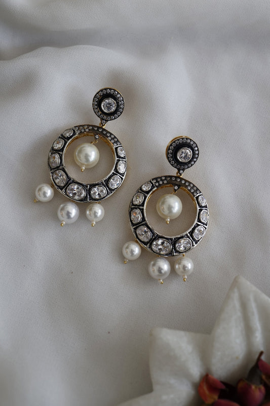 Black Rhodium Finish Pearl & Polki Chandbali Earrings