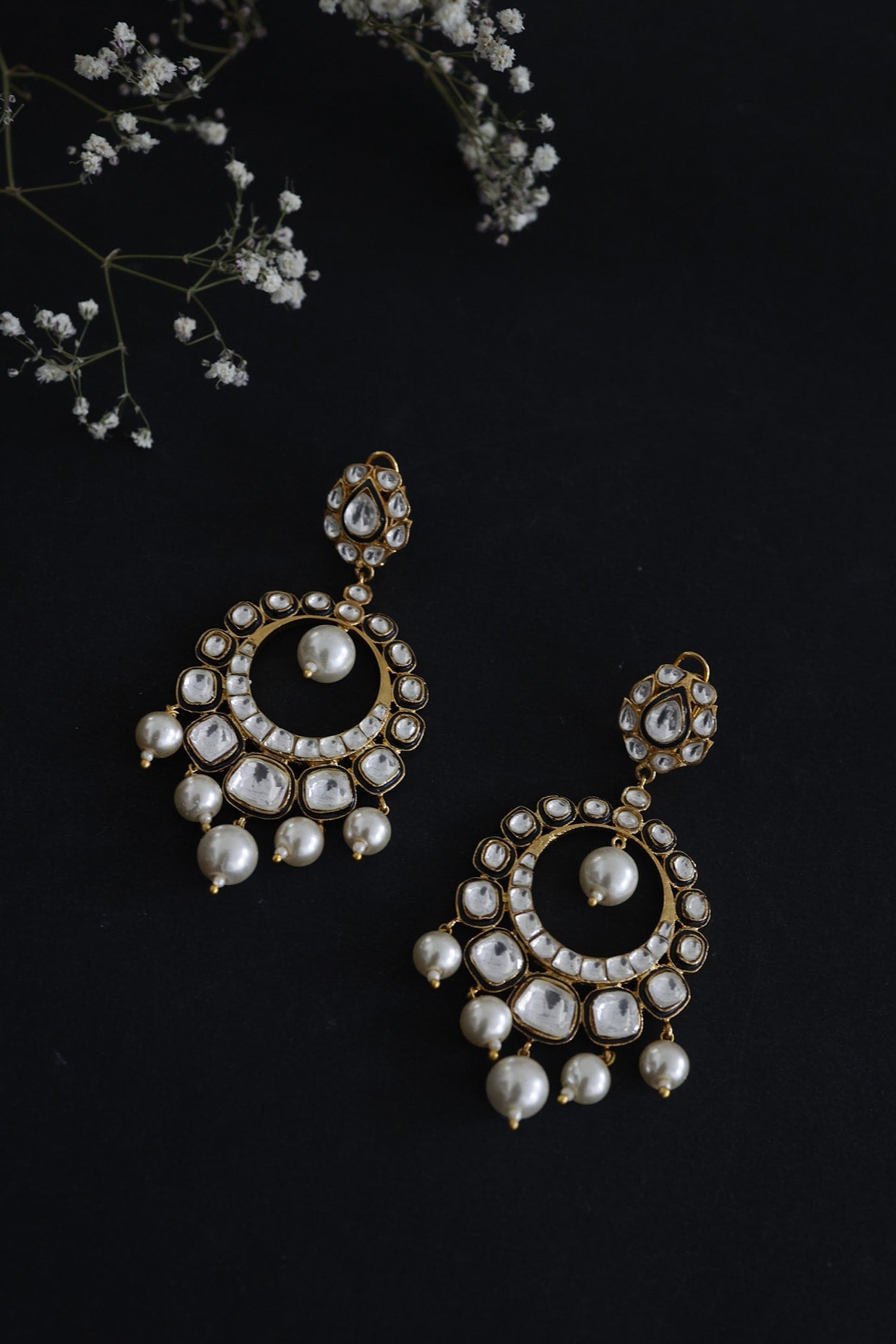 Black Rhodium Finish Polki Chandbali Earrings