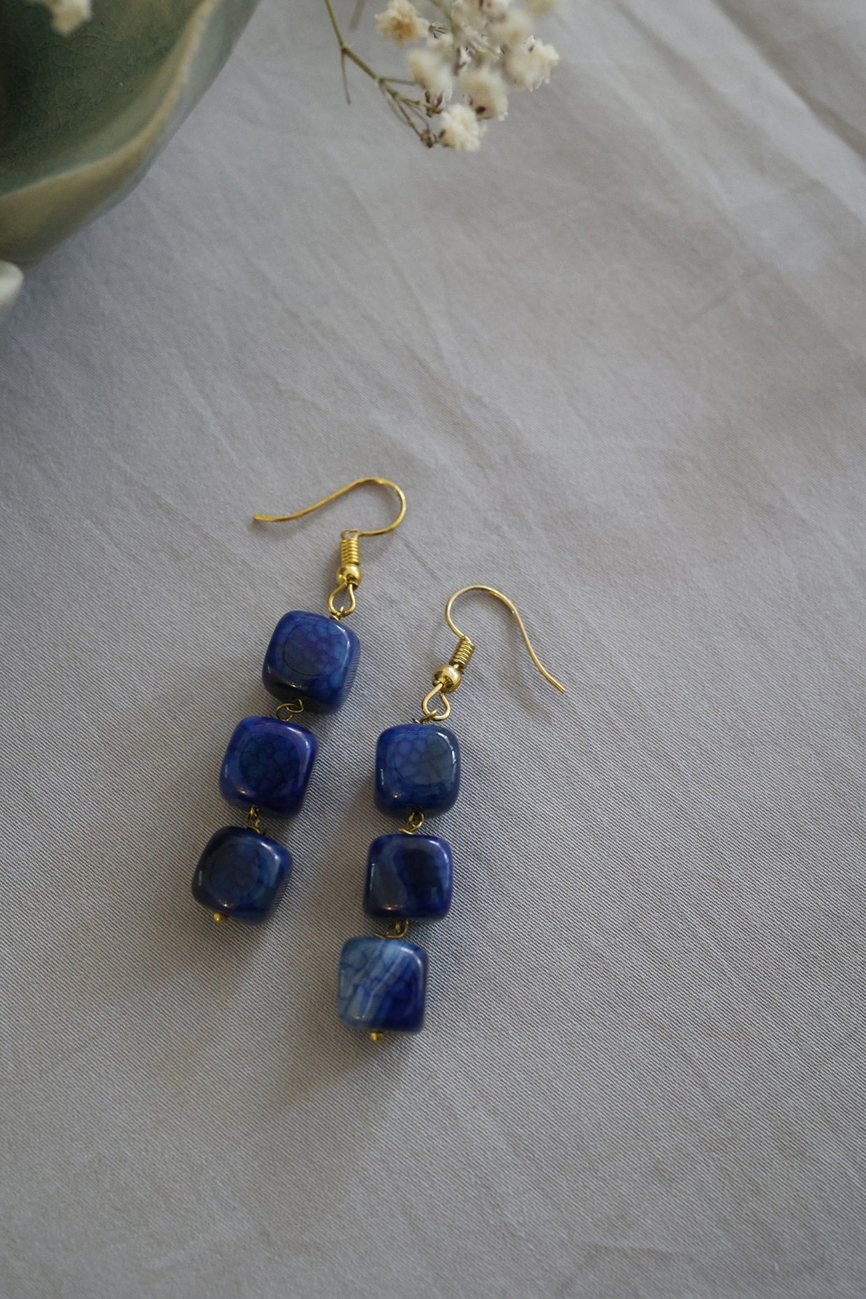 Gold Finish Blue Semi-Precious Stone Earrings