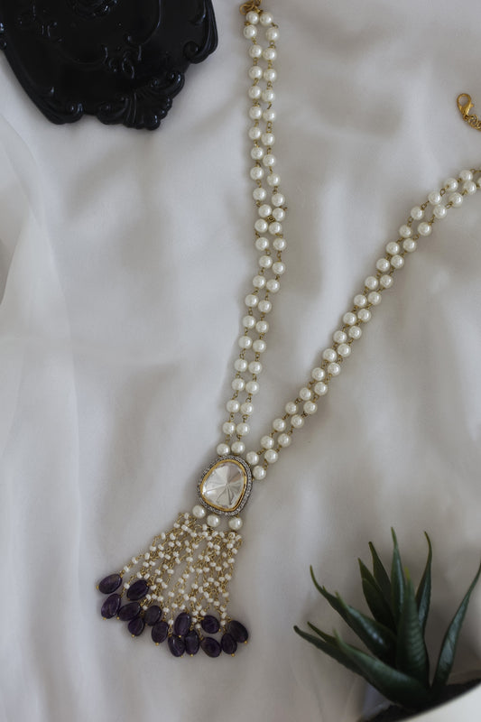 Gold Finish Purple Amethyst Stone & Pearl Necklace