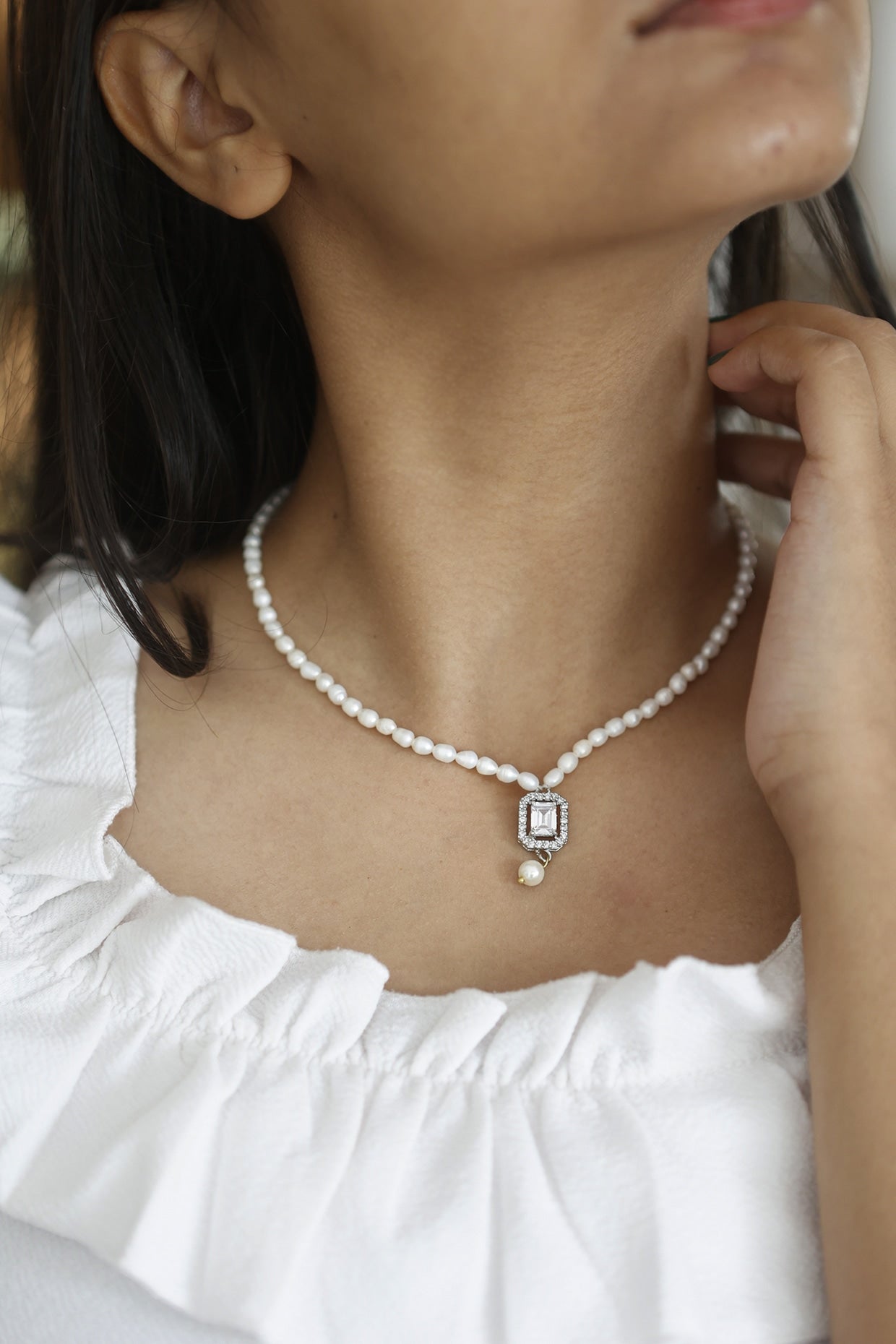 White Rhodium Finish Polki & Faux Diamond Necklace