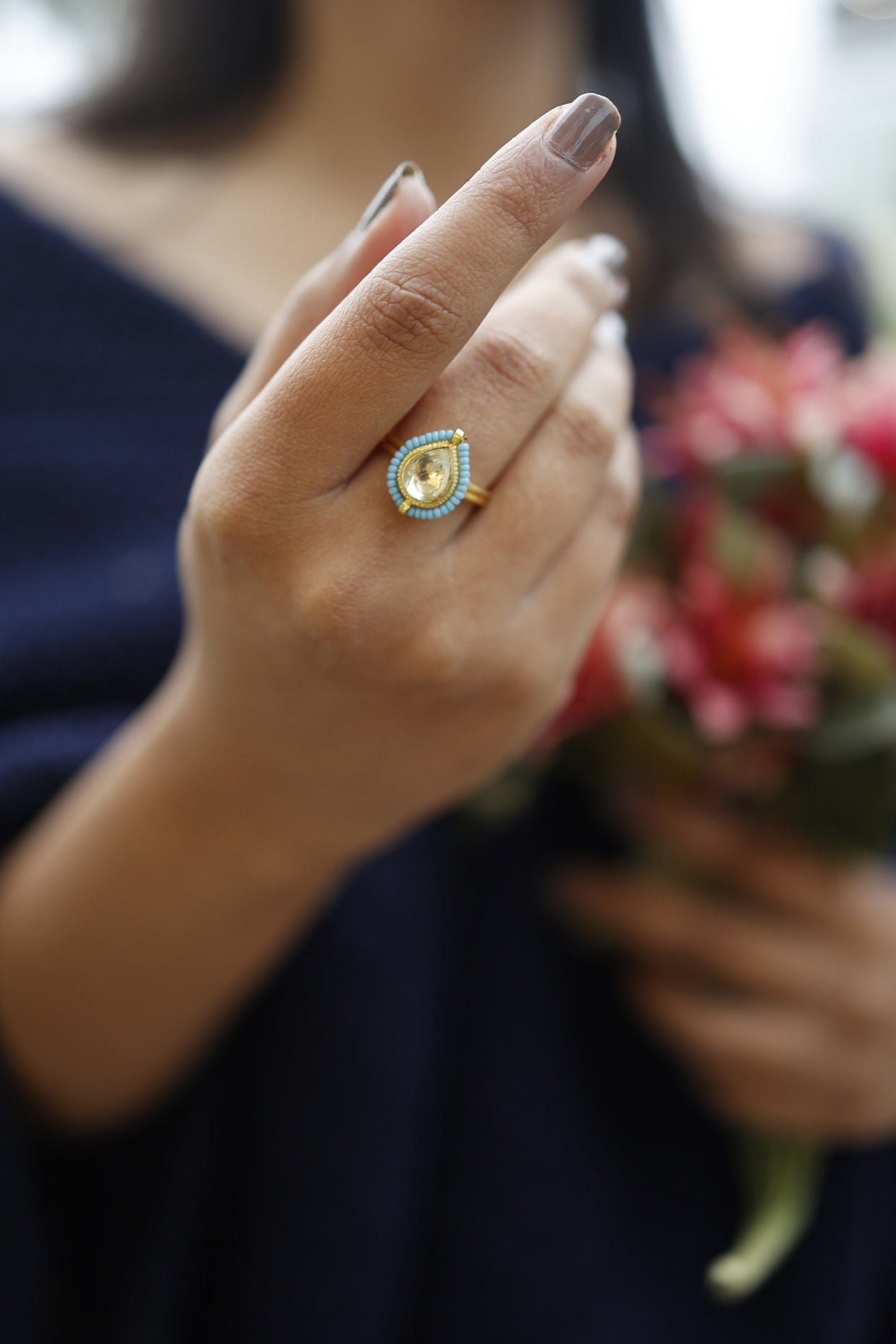 Gold Finish Kundan Polki & Turquoise Stone Adjustable Ring