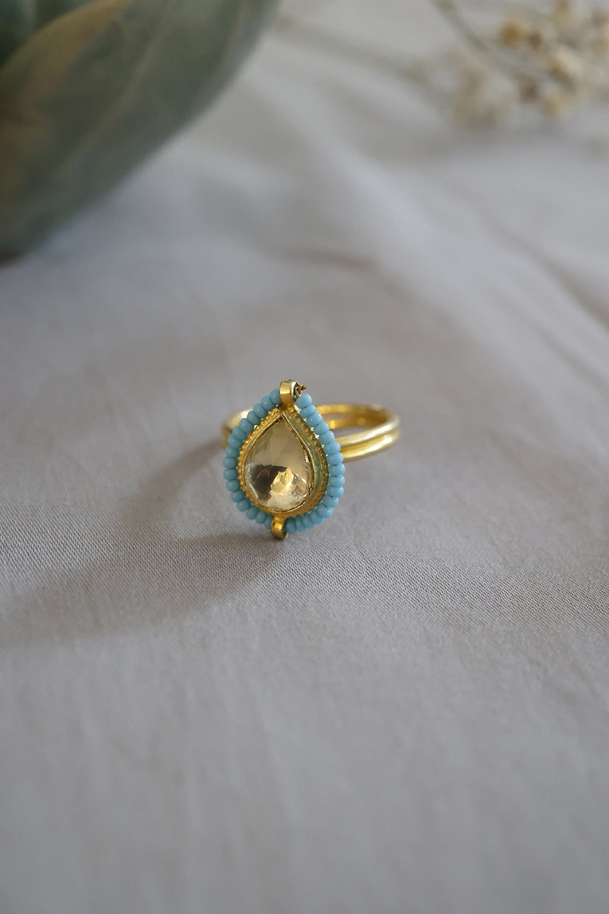 Gold Finish Kundan Polki & Turquoise Stone Adjustable Ring