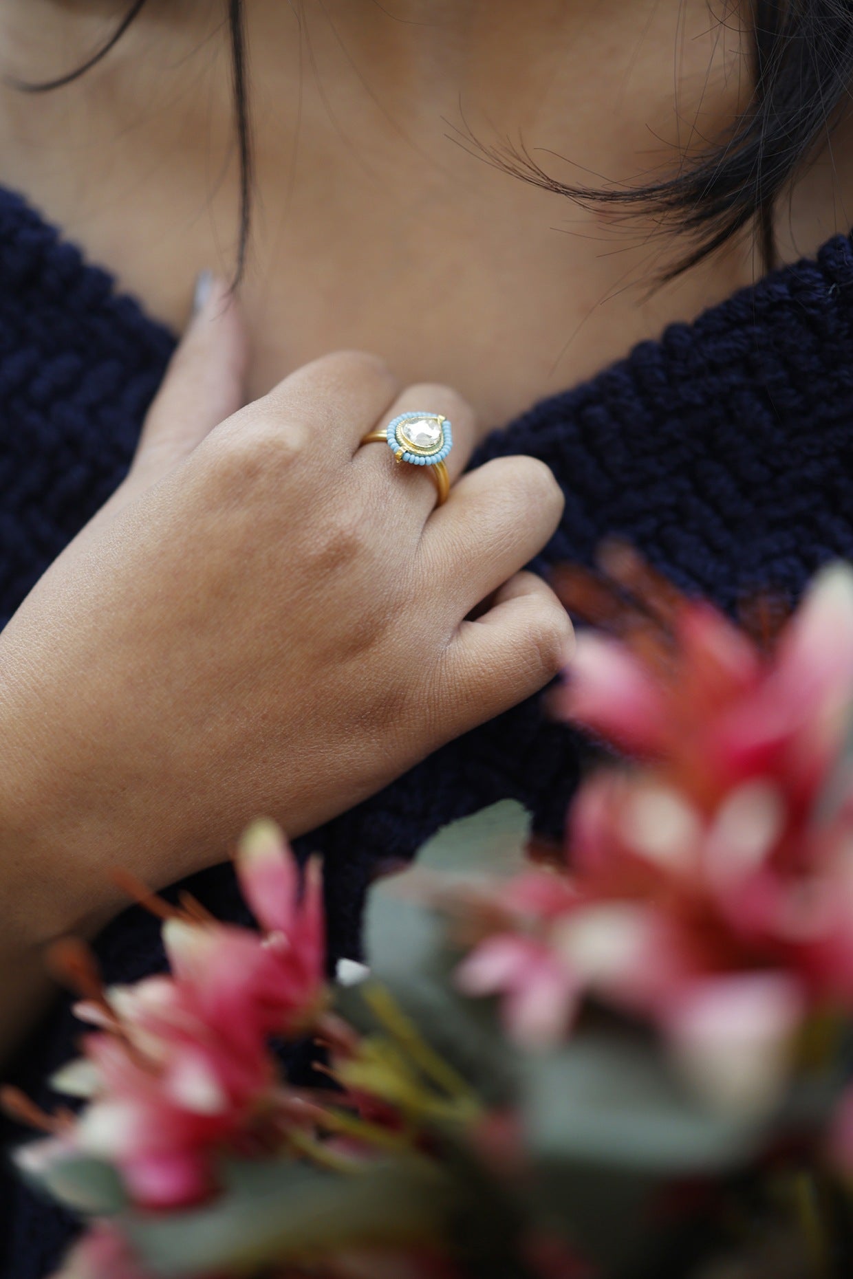 Gold Finish Kundan Polki & Turquoise Stone Adjustable Ring