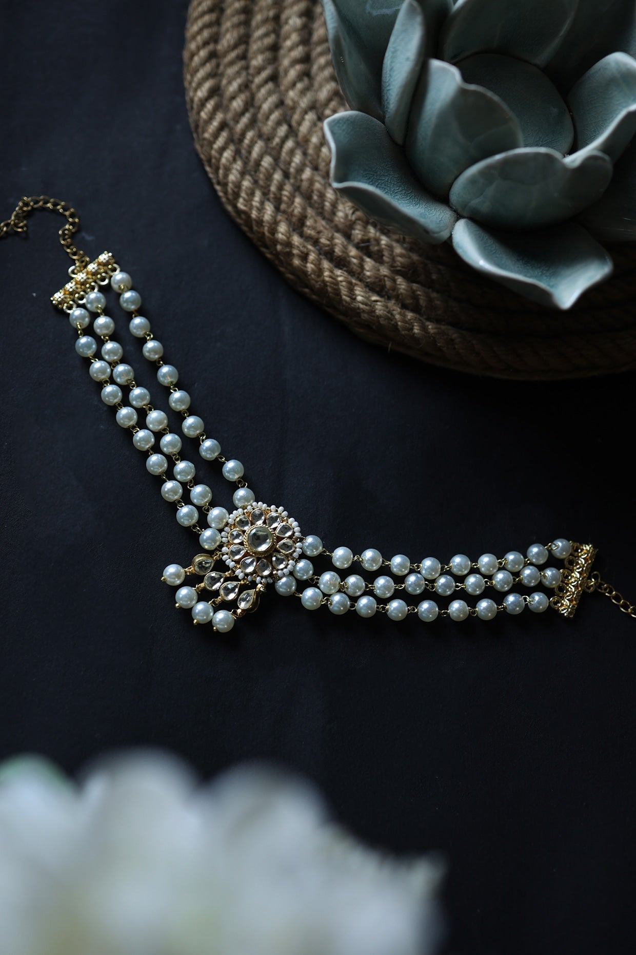 Gold Finish Kundan Polki & Pearl Choker Necklace