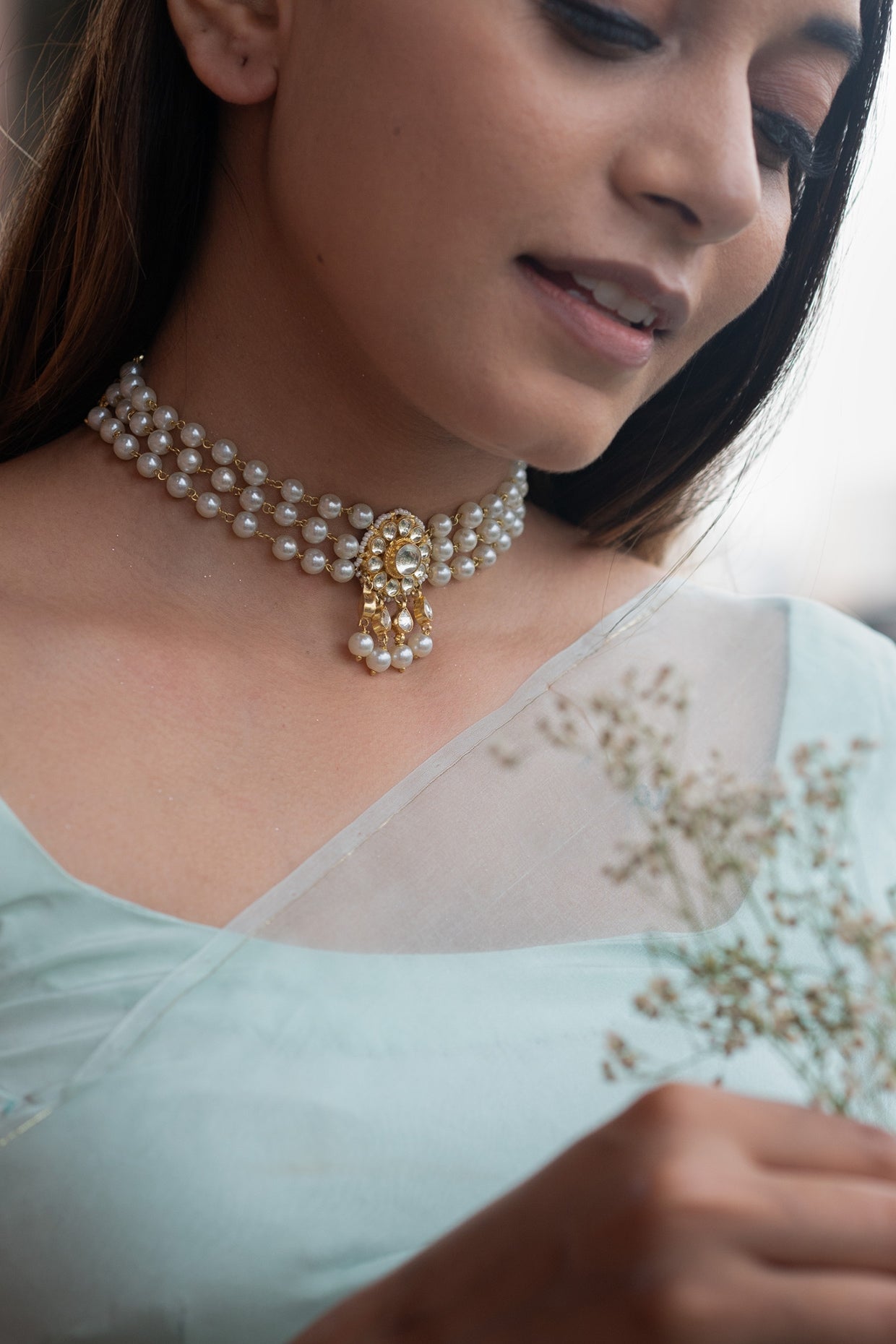 Gold Finish Kundan Polki & Pearl Choker Necklace