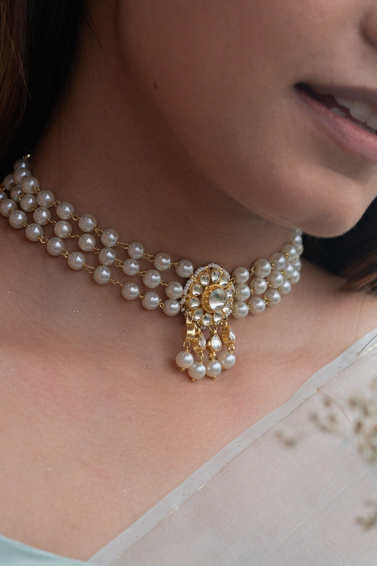 Gold Finish Kundan Polki & Pearl Choker Necklace