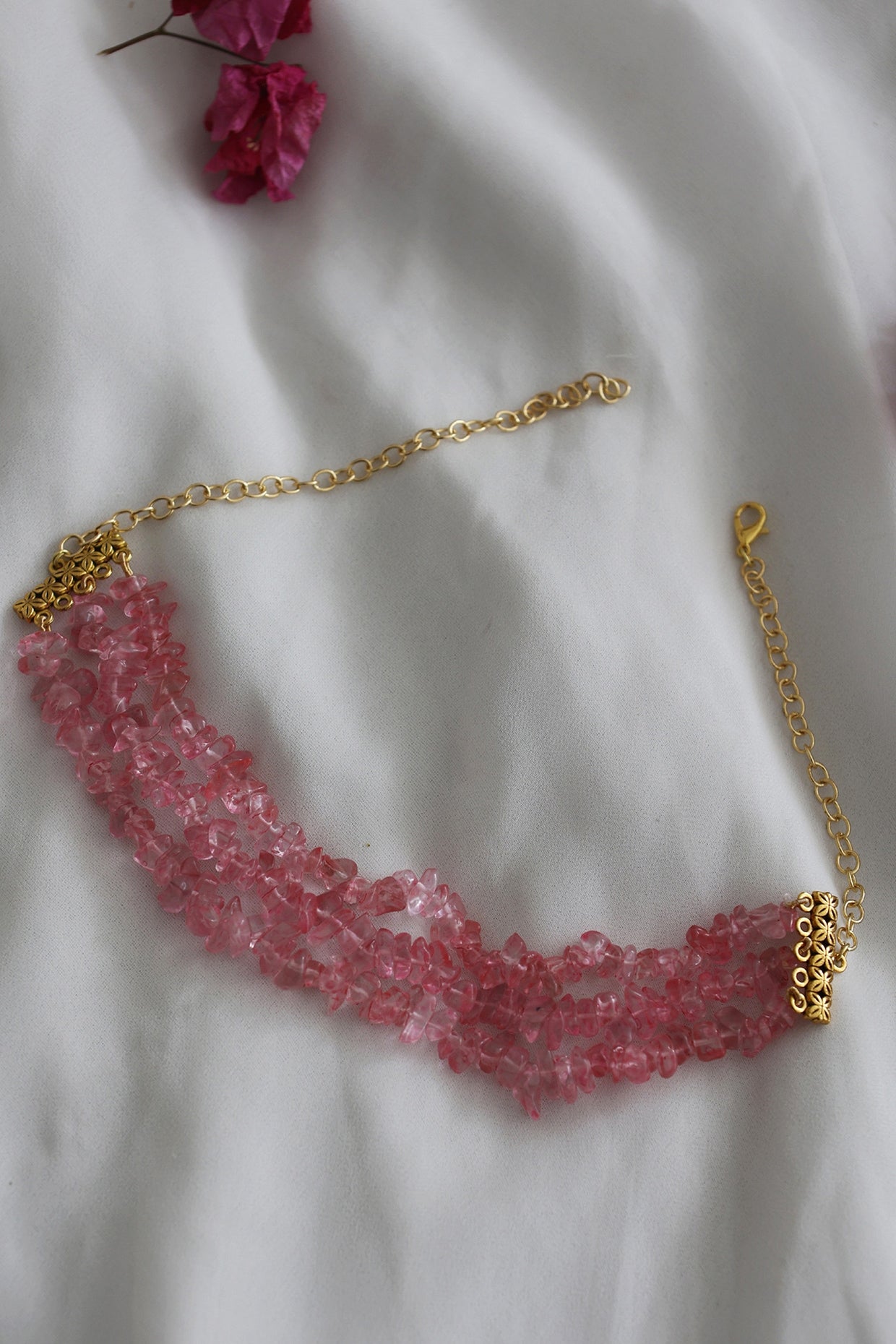 Gold Plated Choker Necklace With Pink Stones