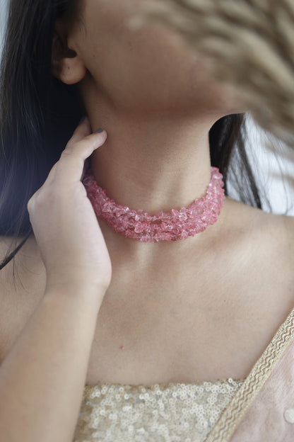 Gold Plated Choker Necklace With Pink Stones