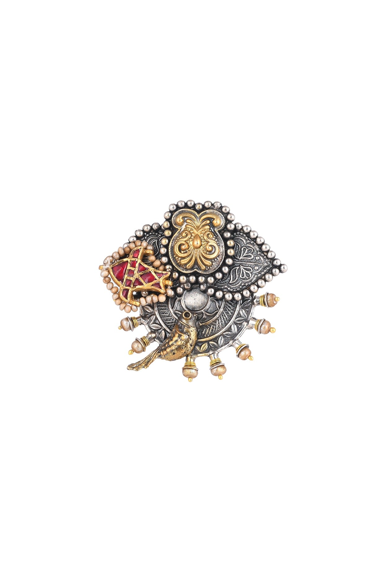 Two-Tone Finish Red Semi-Precious Stone & Pearl Adjustable Ring In Sterling Silver