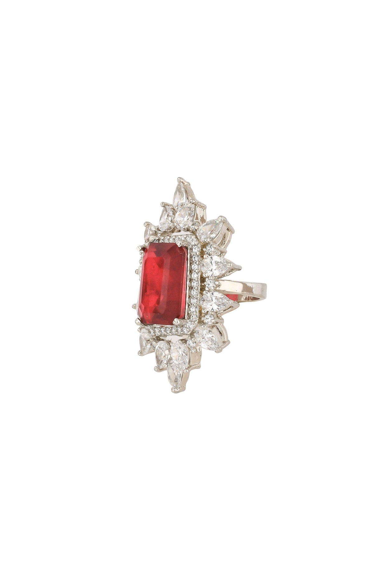 Silver Rhodium Finish Red Zircon Ring In Sterling Silver