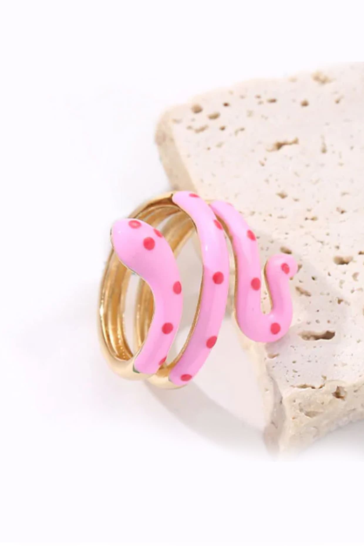 Gold Finish Pink Enameled Serpent Snake Ring