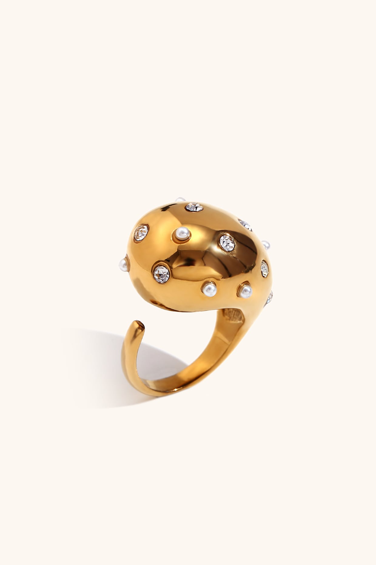 Gold Plated Large Pearl & Diamond Ring