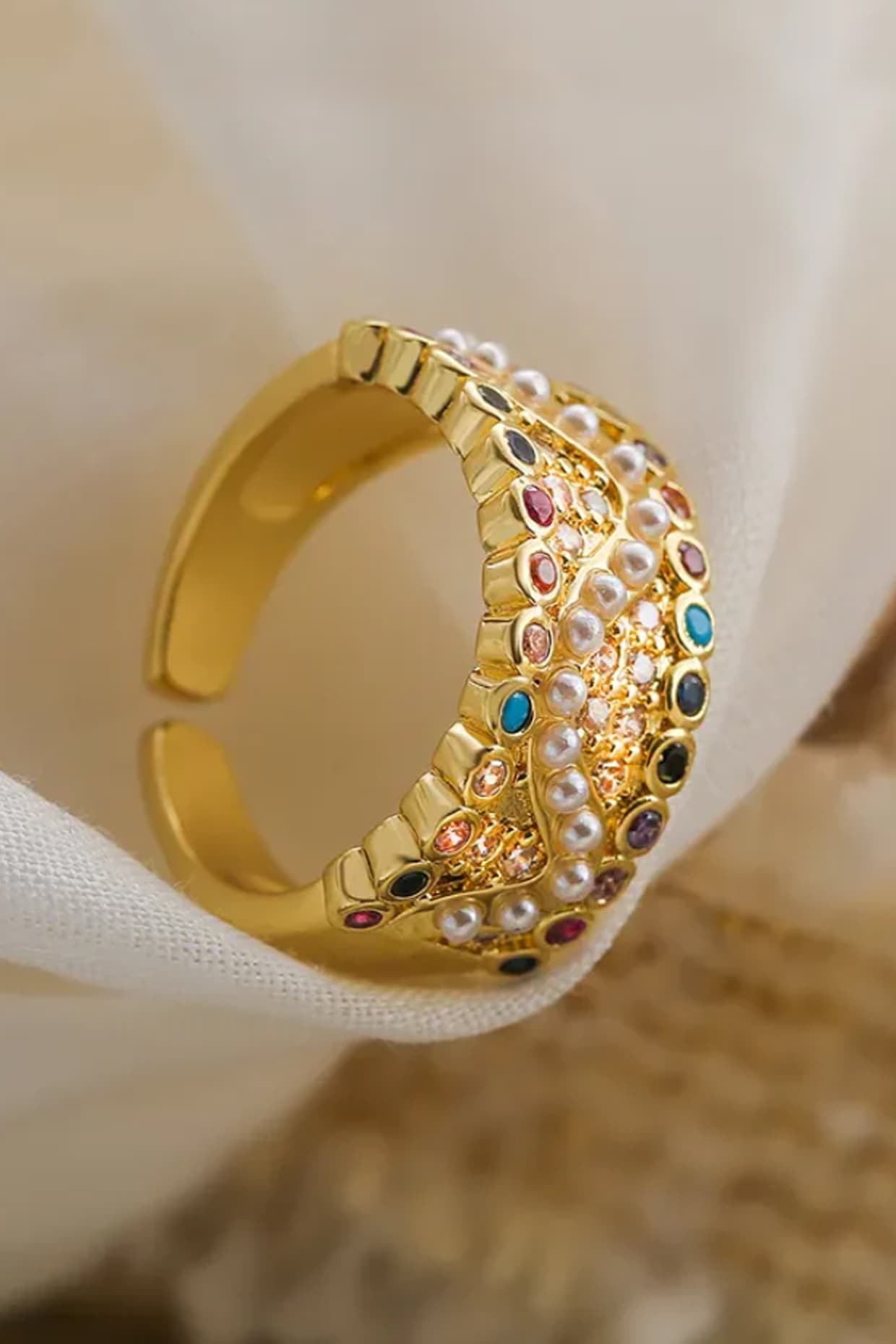 Gold Plated Pearl & Multi-Colored Zircon Ring