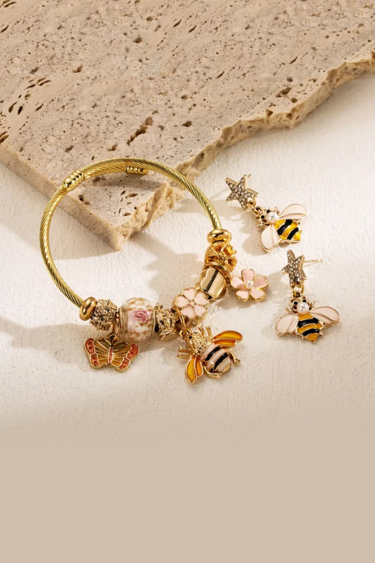 Gold Plated Yellow Bee Bracelet With Earrings