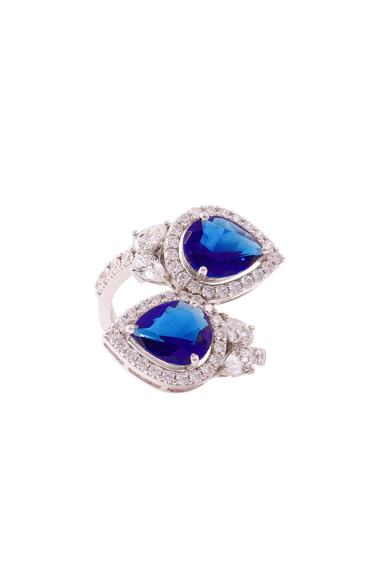 White Rhodium Finish 0.25 ct Cubic Zirconia & 2 ct Blue Stone Ring In Sterling Silver