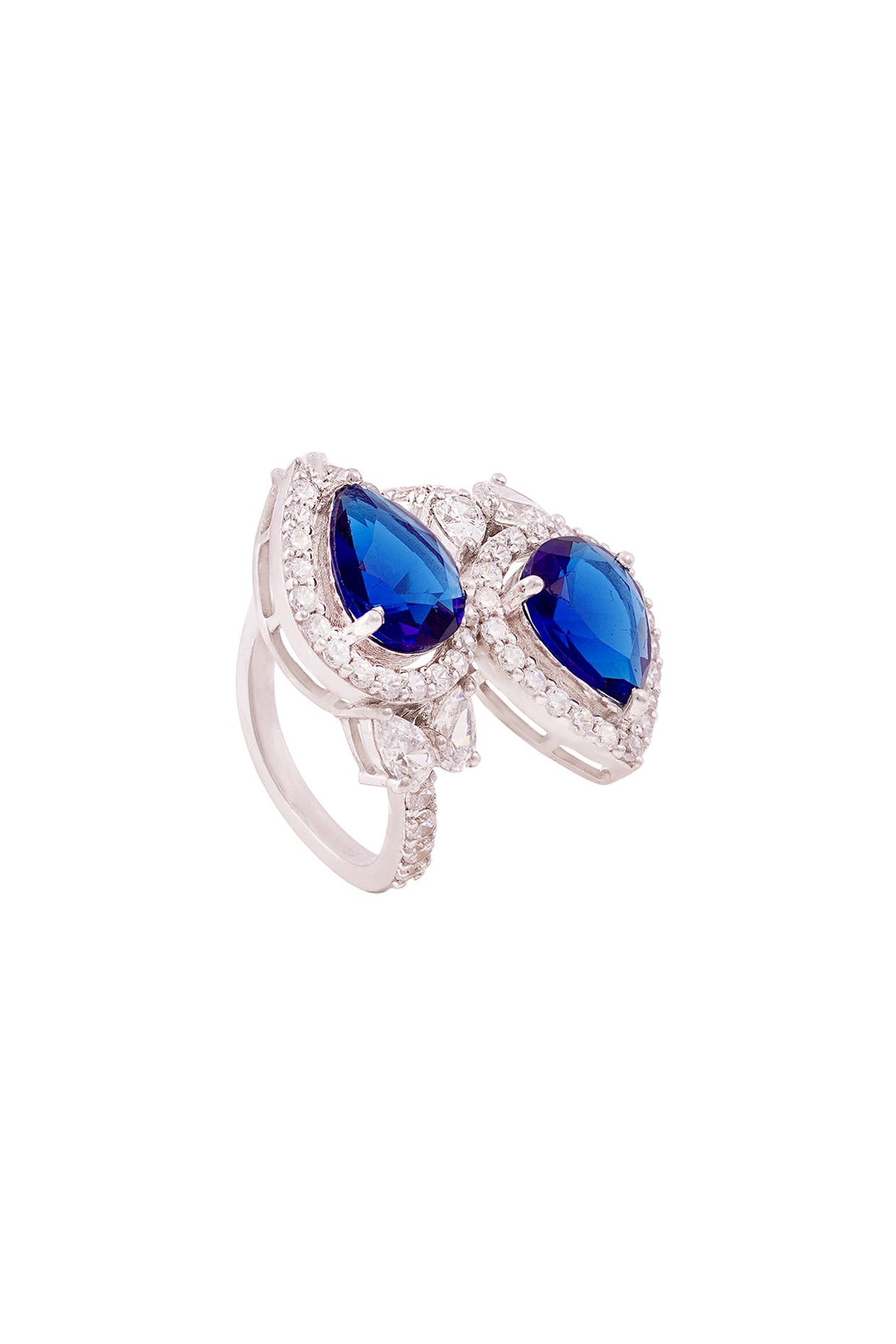 White Rhodium Finish 0.25 ct Cubic Zirconia & 2 ct Blue Stone Ring In Sterling Silver