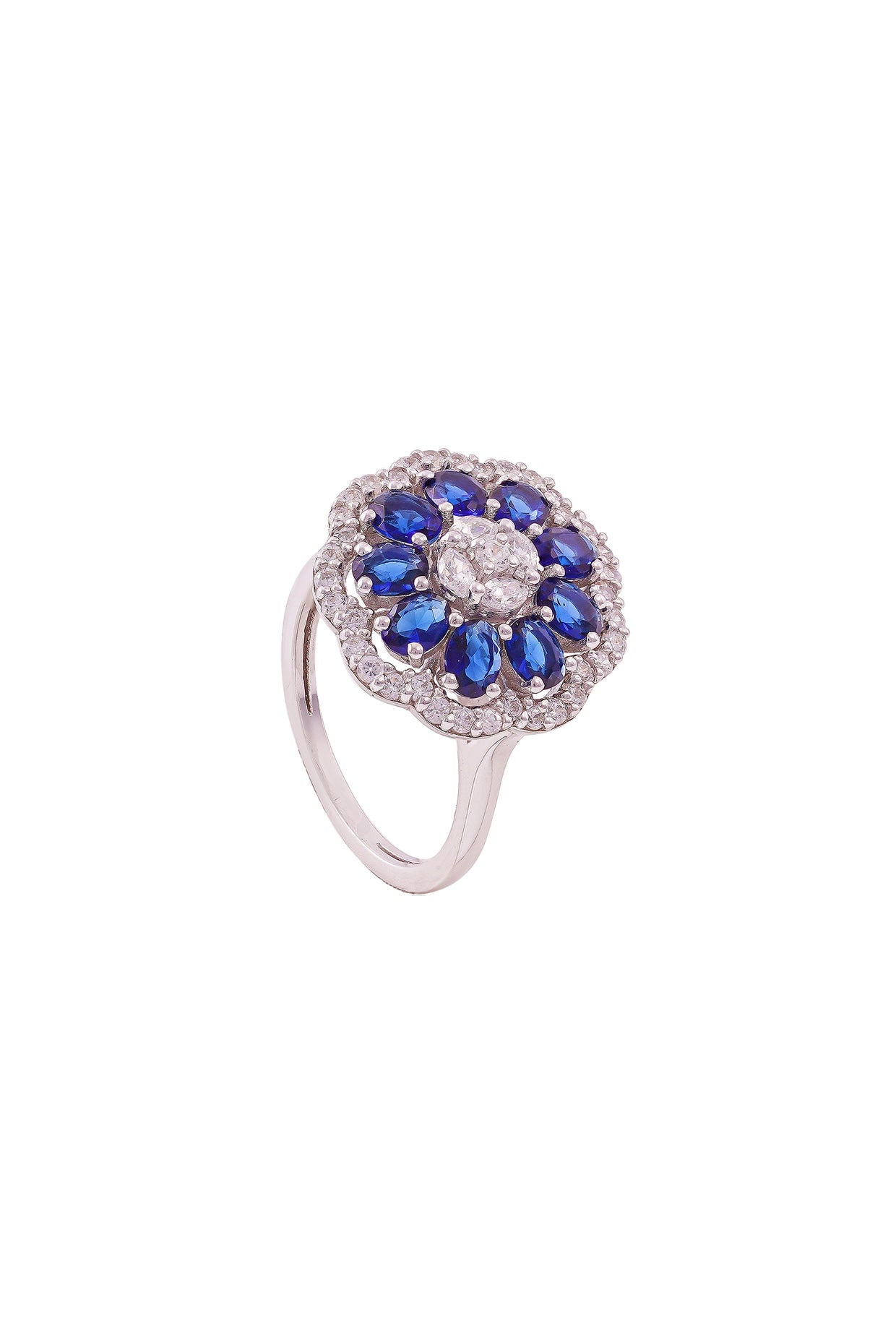 White Rhodium Finish Cubic Zirconia & Blue Stone Floral Ring In Sterling Silver